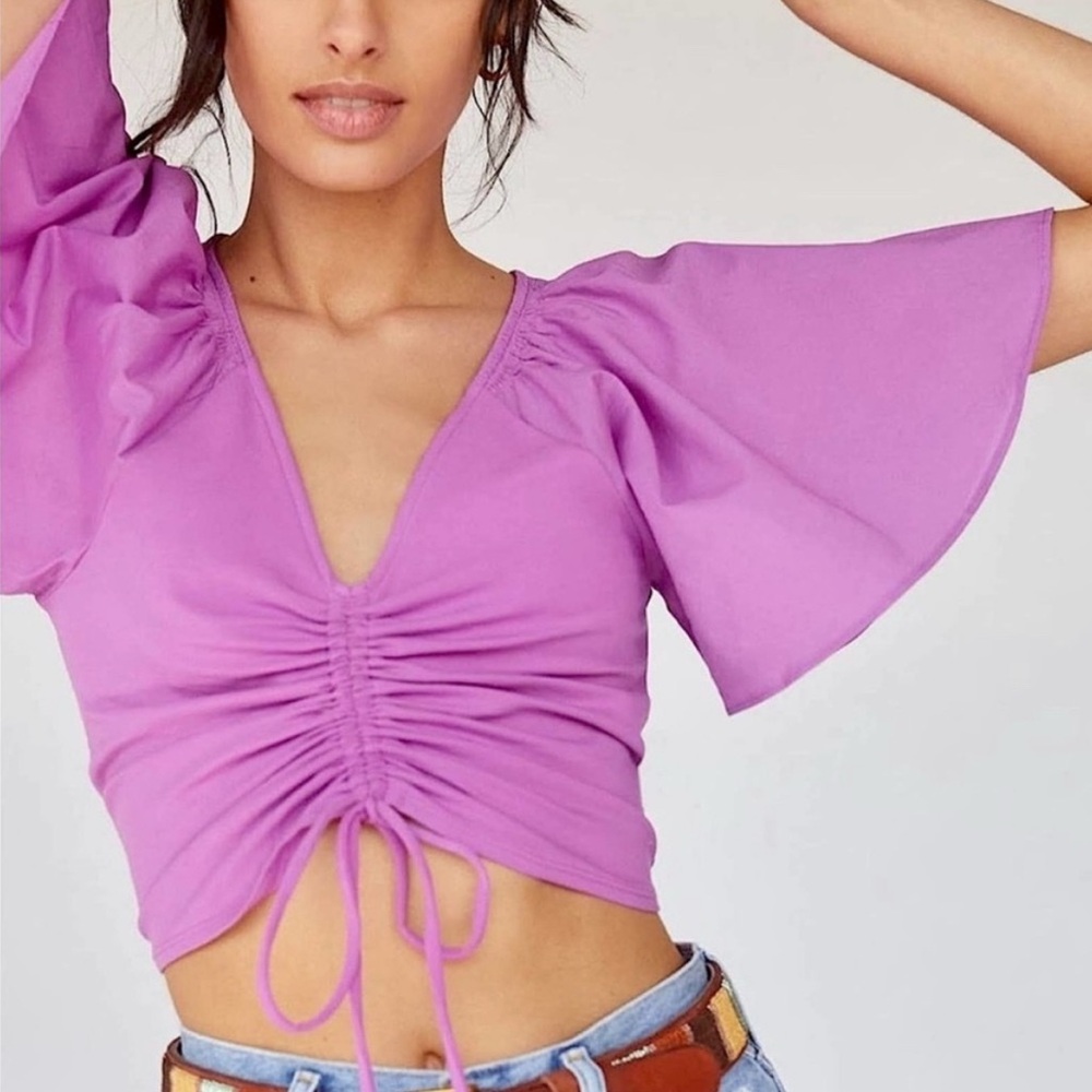 Maeve Ruched Tie-Front Crop Top in Lavender Pink